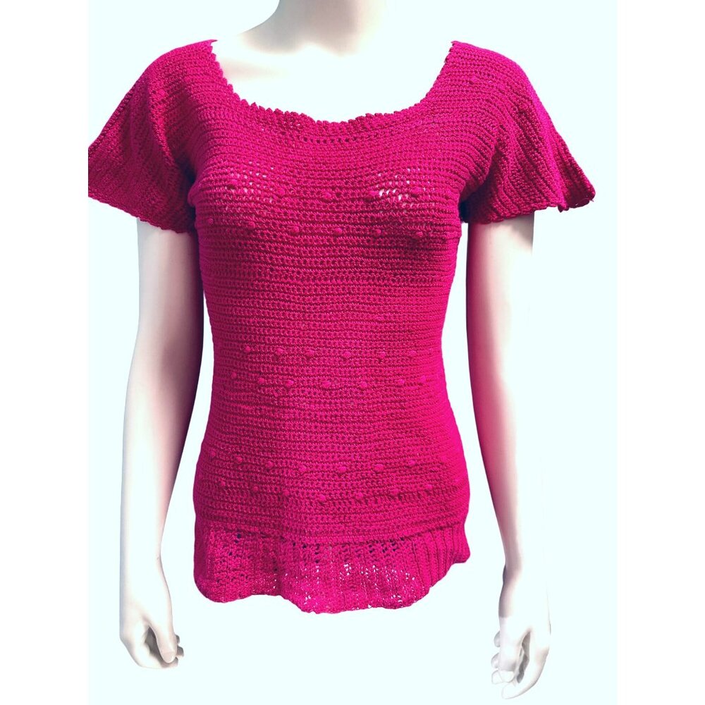 CCC Handmade Fuchsia Pink Crochet Knit Short Sleeve Sweater Size Medium